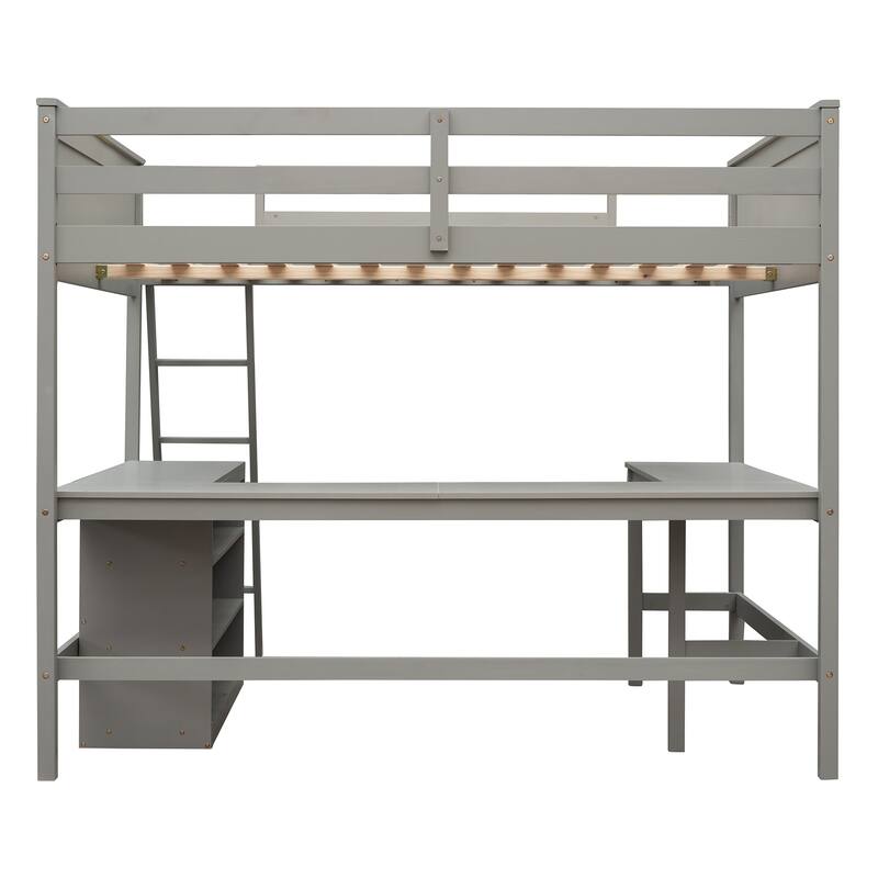 Gray Full Loft Bed with Built-In Desk and Shelves, Sturdy Pine Wood Frame