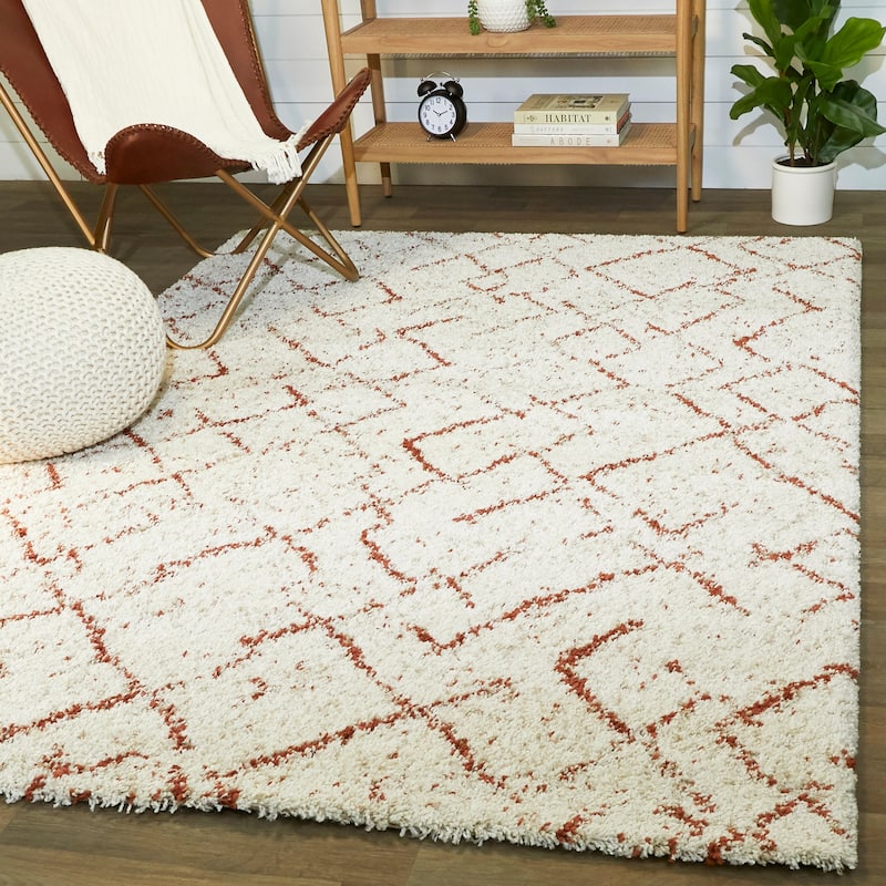 Albini Abstract Shag Area Rug - 5'3" x 7' - White/Orange - Rectangle