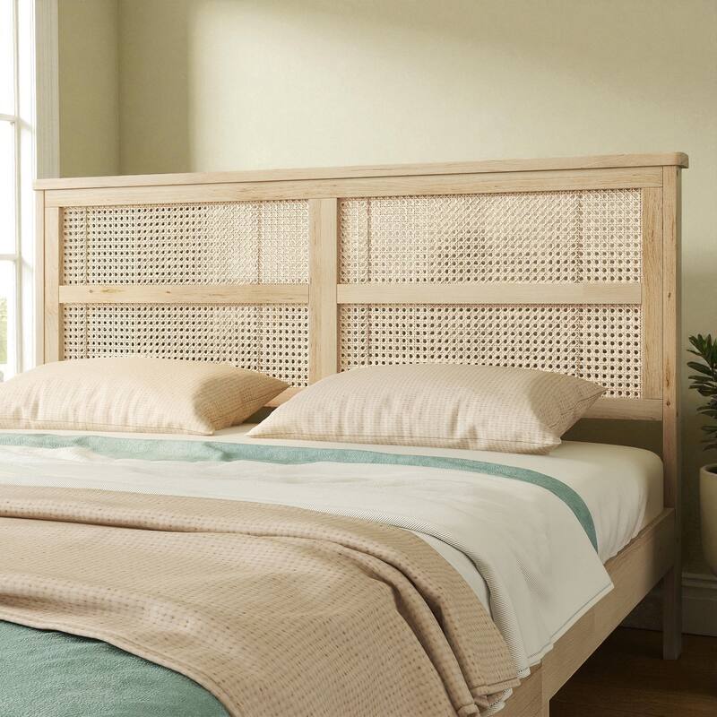 Queen Size Solid Rubber Wood Bed with Rattan Headboard, Durable Frame with Central Support Feet and Under-Bed Storage
