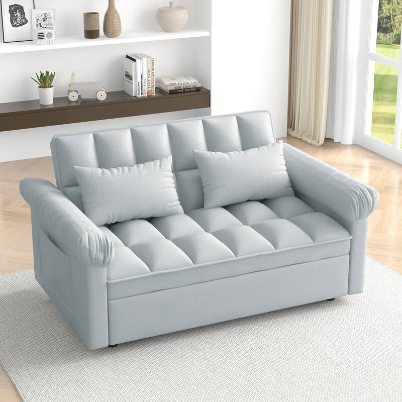 Flannel Sleeper Sofa Bed Loveseat Recliners Couch with Pull-Out Trundle, Adjustable Backrest, Round Arms and Side Pockets
