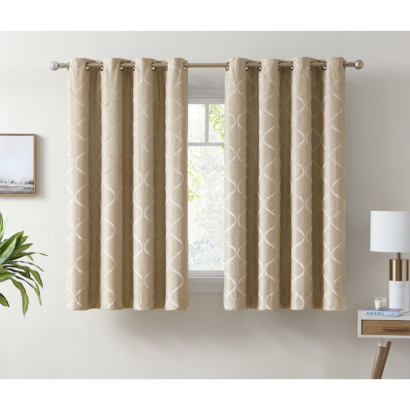 HLC.me Lattice Flocked 100% Complete Blackout Thermal Insulated Window Curtain Grommet Panels - Set of 2