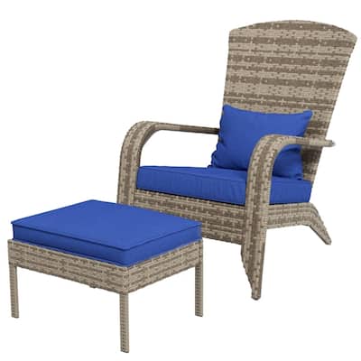 Mixed Rattan Adirondack Chair with Ottoman, Cushions and Steel Frame - 25.25" W x 32.25" D x 35" H