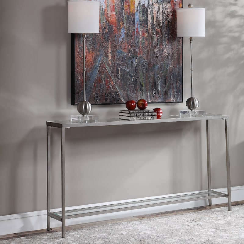 60" silver minimalist console table with a storage shelf