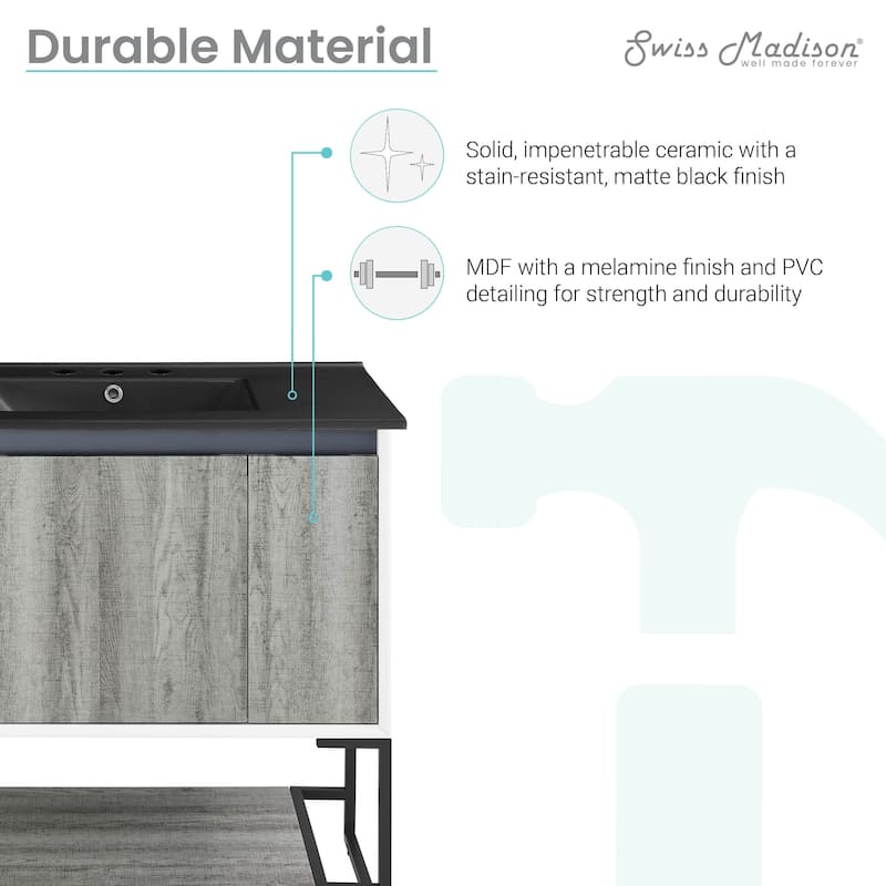 Marseille 36 In. Gray Bathroom Vanity With Black, 3-Hole Ceramic Sink Top