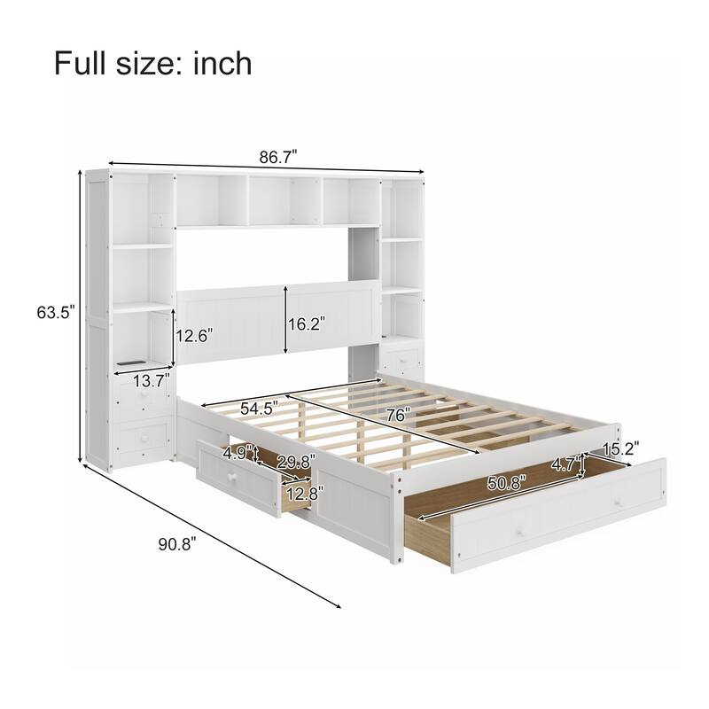 Multi-Functional Pine Wood Platform Bed with Built-In Nightstands, Storage Shelves, and Charging Stations