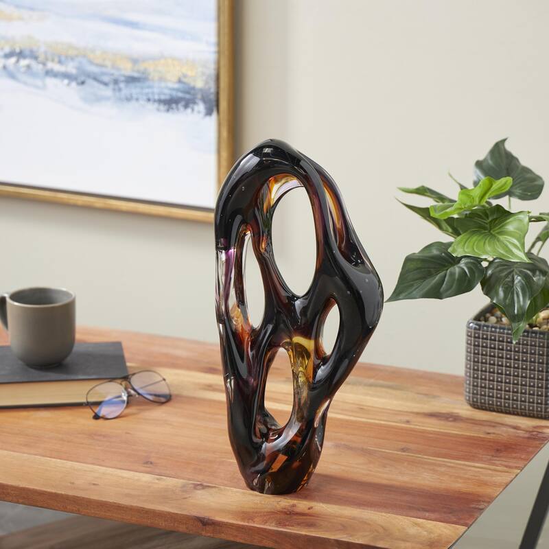 Glass Abstract Ombre Cutout Decorative Sculpture with Amber Accents - Black - Roche River Decor