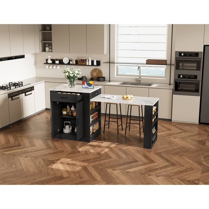 Kitchen Island with Dining Table for Extends to 47.7", Island Console with Double-Door Cabinet, 2 Drawers & 2 Open Shelves