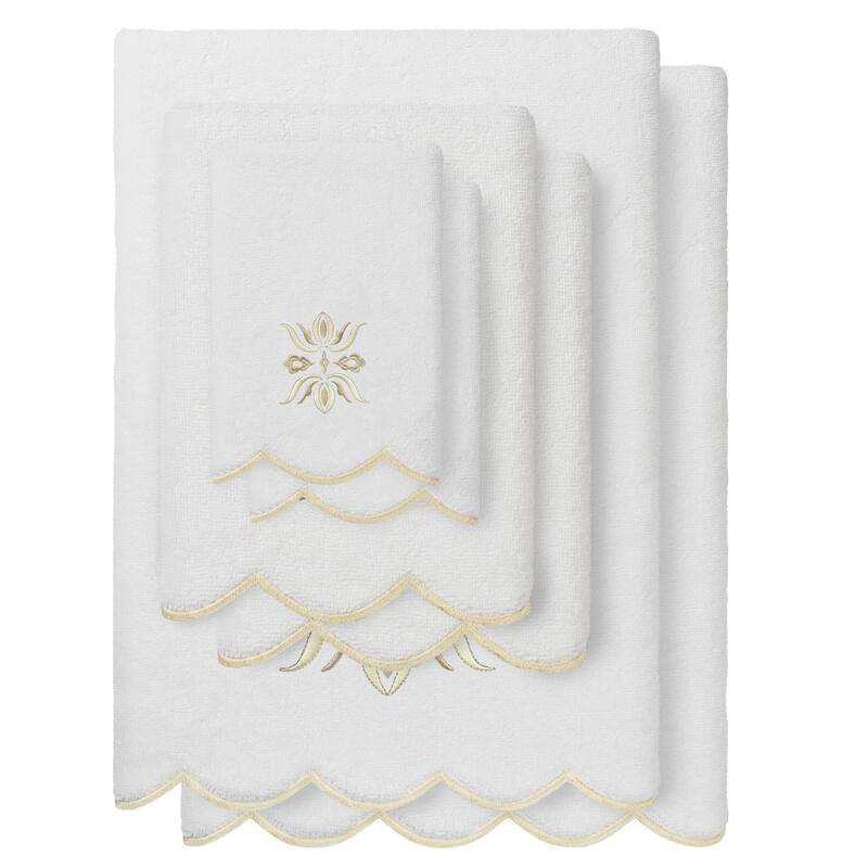 Authentic Hotel and Spa 100% Turkish Cotton FLOWER CREST Scallop Towel Collection - White/Beige - 6 Piece Set