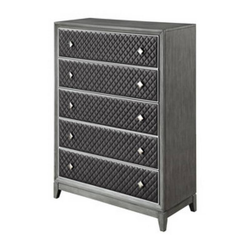 Stacy 55 Inch Tall Dresser Chest, 5 Faux Leather Upholstered Drawers, Gray
