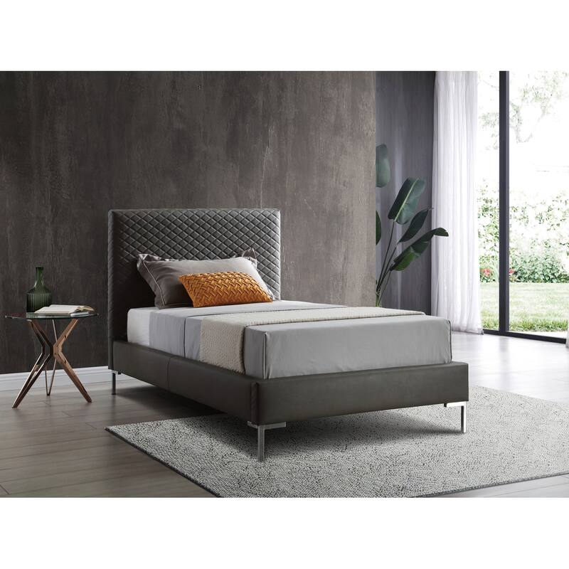 Twin Bed Frame Upholstered Dark Gray Faux Leather Chrome Legs Modern Bedroom Furniture