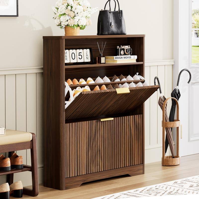 40" Tall Shoe Cabinet Storage for Entryway, Free Standing Organizer with Two Hidden Flip Drawers