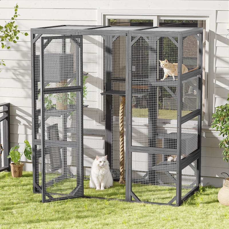 Roomfitters Outdoor Cat House Catio Enclosure Double Door Balcony Playpen with Platforms and Condos for 1-3 Cats - Dark Grey