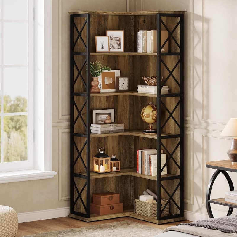 5-Tier Corner Bookshelf Bookcase, 71 Inch Tall Corner Shelf, Wood and Metal L-Shaped Display Rack with Baffle