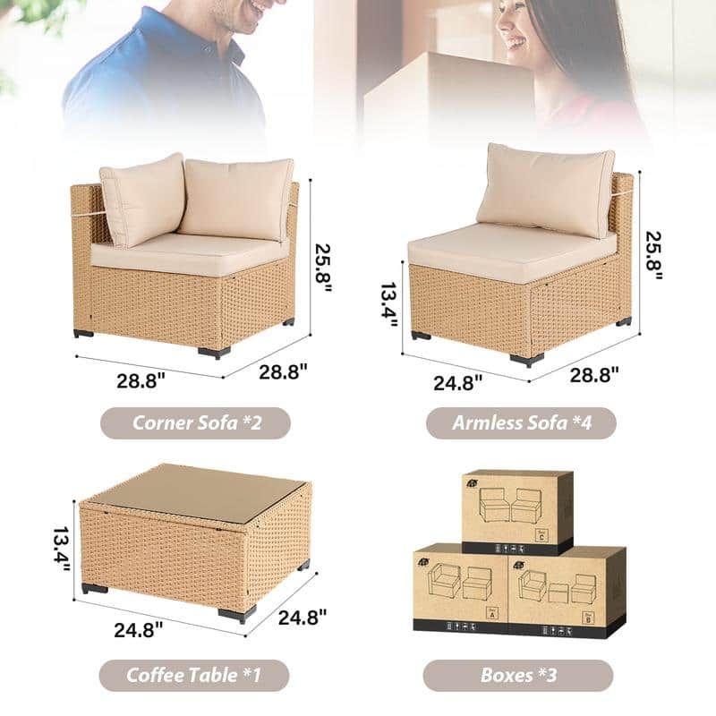 Patio Watcher 7-Piece Patio Yellow Wicker Sectional Seating Group with Cusions and Side Table
