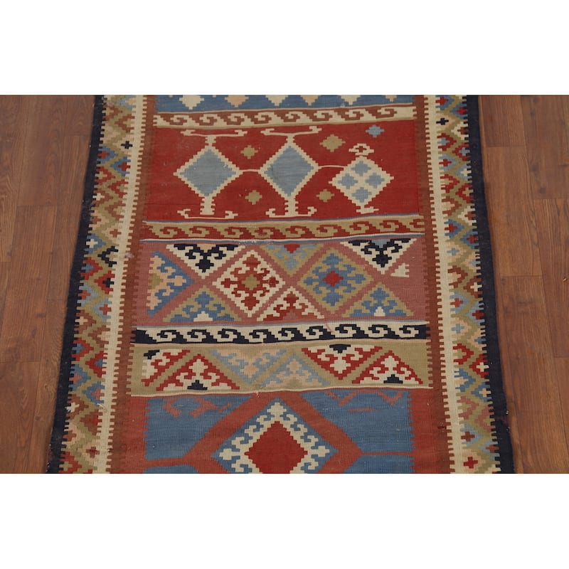 Vegetable Dye Kilim Qashqai Persian Antique Runner Wool Carpet - 2'9"x 13'1"