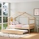 preview thumbnail 2 of 8, Twin Size Wooden House Bed with Trundle Bed & Roof , Natural