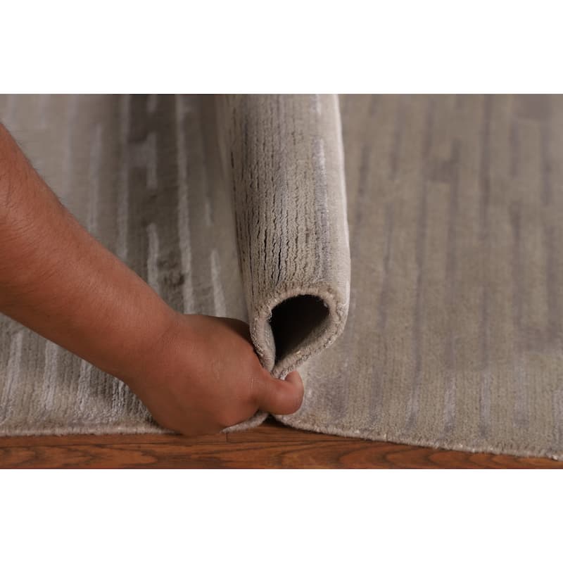 Beige Striped Nepalese Oriental Area Rug Hand-Knotted Wool Carpet - 5'10" x 8'8"
