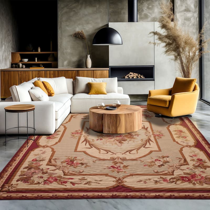 7x9'11'' Hand Woven Wool Ivory French Aubusson European Classic Rug - 7' x 9' 11'' - 7'  x 9' 11''