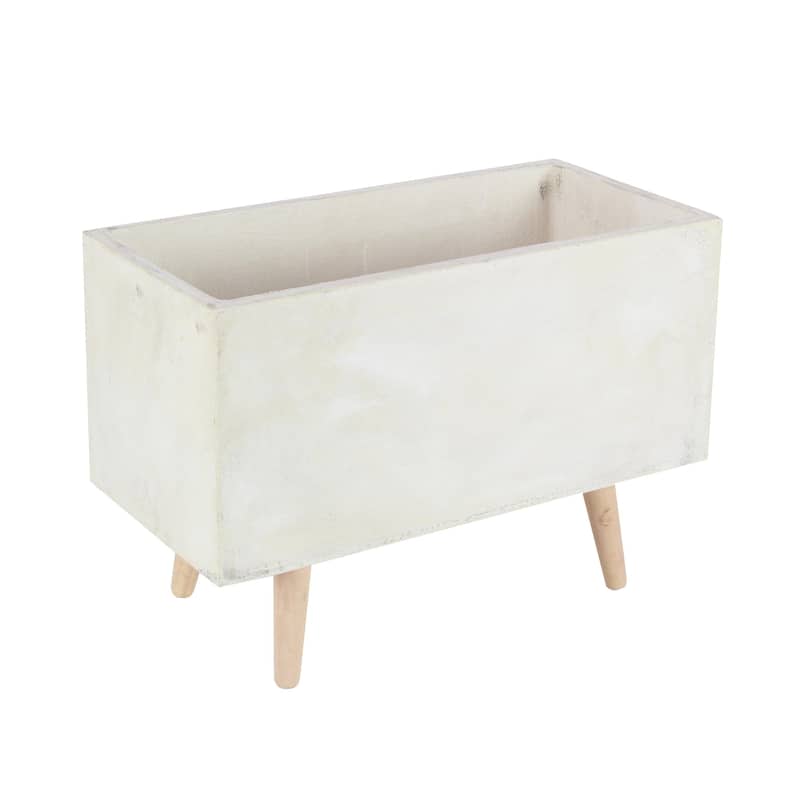 Fiberclay Ceramic Rectangular Indoor Outdoor Planter with Brown Wooden Legs - Set of 2 White - Roche River Decor