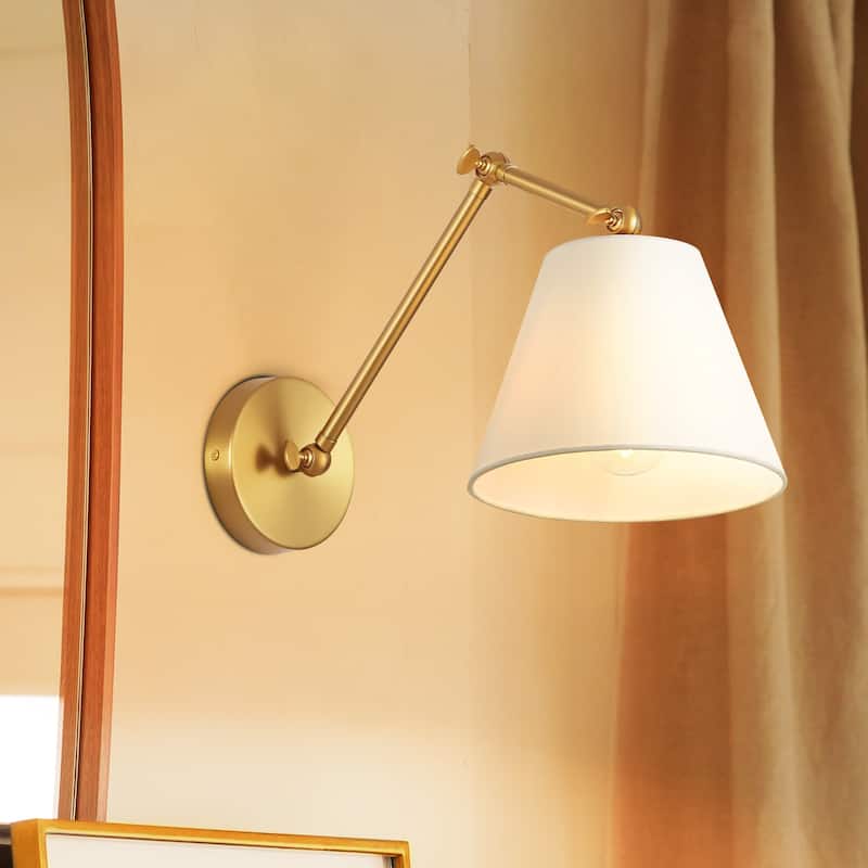 1-Light Modern Brushed Gold Adjustable Swing Arm Wall Sconce with Cone Fabric Shade for Bedroom, Study