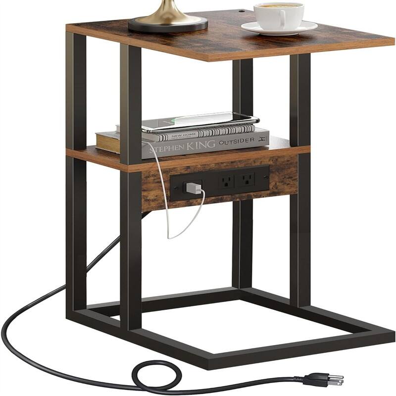 C Shaped End Table with Charging Station - 11.8"D x 15.4"W x 23.4"H - Rustic Brown