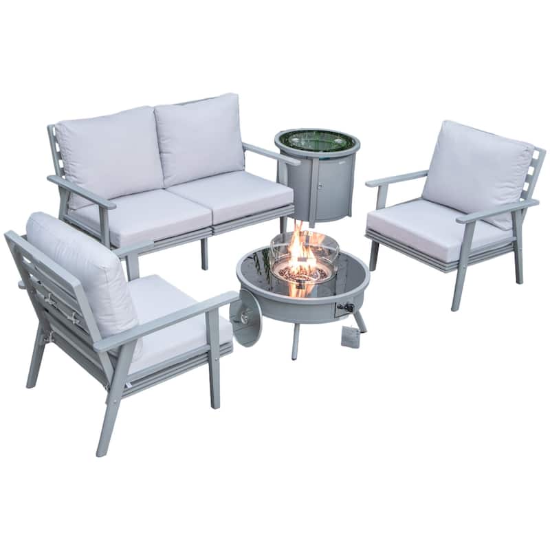Walbrooke 4-Piece Outdoor Powder-Coated Frame Patio Furniture Set with Fire Pit Table, Tank Holder and Polyester Cushions - Light Grey