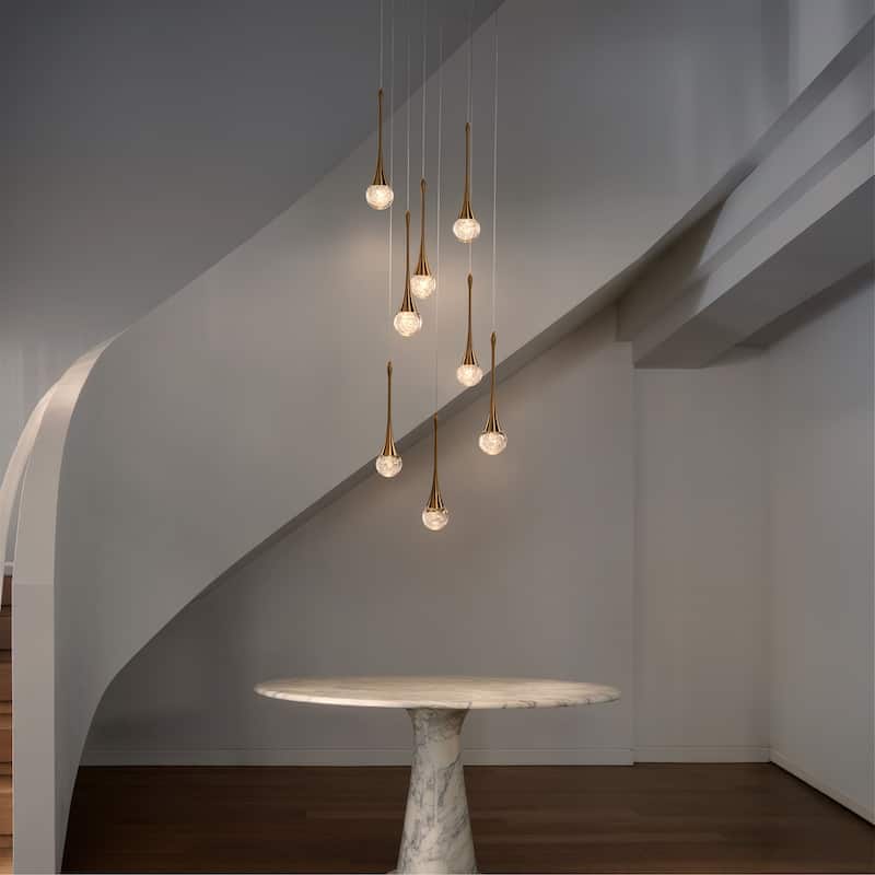 18'' 8-Light Modern Seeded Glass Cluster Integrated LED Teardrop Staircase Chandelier Minimalist Entryway LED Pendant Light