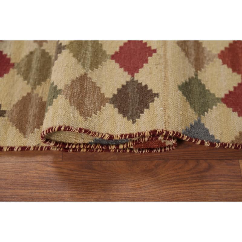 Geometric Kilim Oriental Area Rug Hand-Woven Beige Wool Carpet - 3'9"x 6'0"