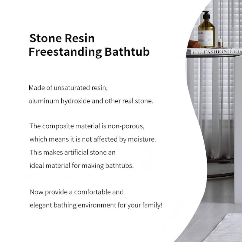 Solid Surface Freestanding Soaking Bathtub with Left Drain and Pop-up Drain, Modern Matte White Tubs with Overflow