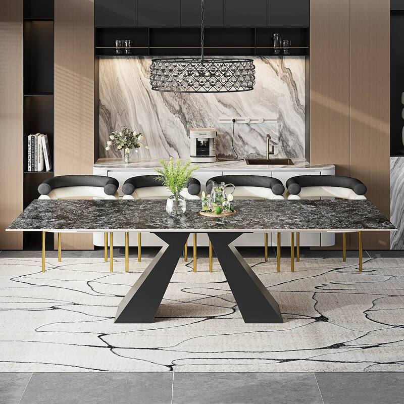 110.24" Extendable Rectangular Sintered Stone Double Pedestal Dining Table Seat 8-12