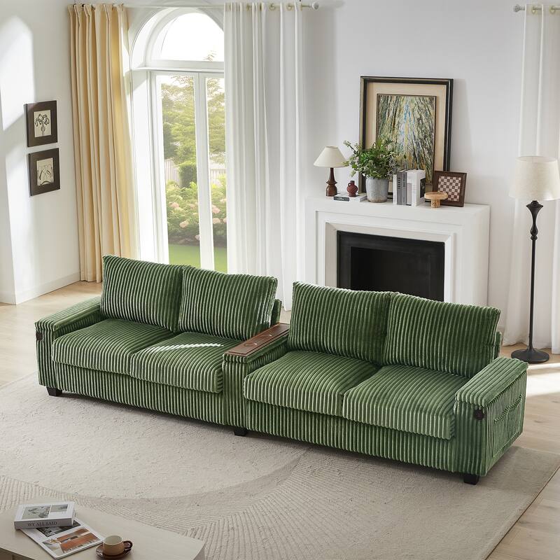 Roomfitters 4-Seater Corduroy Modern Sofa Couch with USB Ports Hidden Storage Arms & Flip-Top Cup Holders for Living Room