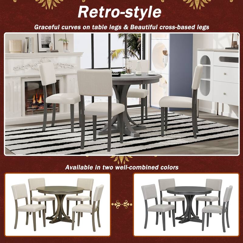 Dark Gray 5-Piece Wooden Dining Table Set with Curved Trestle Table & 4 Chairs