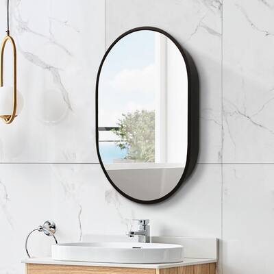 Oval Aluminum Frame Surface Mount Medicine Cabinet with Mirror and Shelves