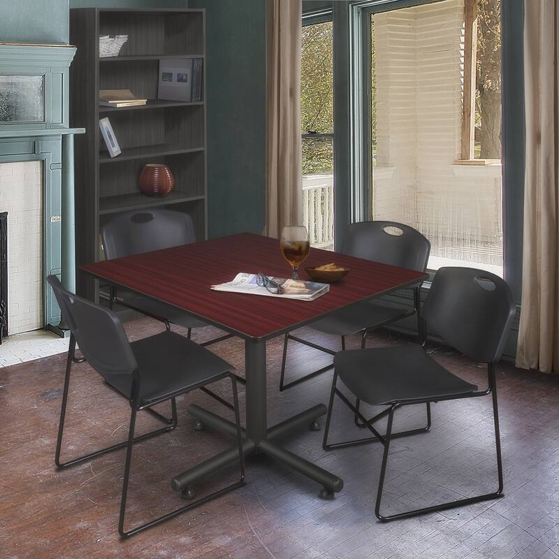 48 in. Square Breakroom Table- Mahogany & 4 Stack Chairs- Black