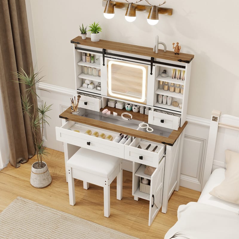 Versatile Makeup Vanity Desk with Sliding LED Mirror Tempered Glass Tabletop and Large Storage Space - 42" x 16" x 54.5"
