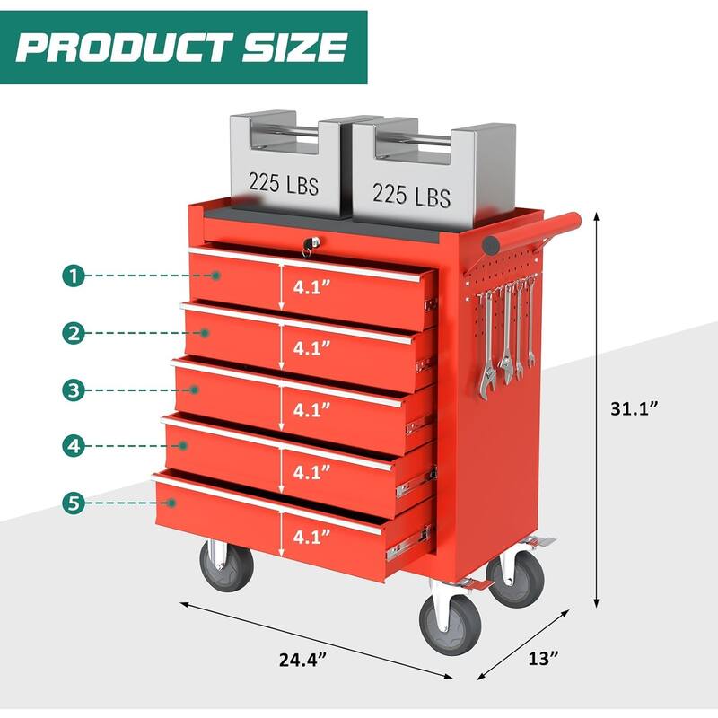 5-Drawer Rolling Tool Chest Storage Cabinet with Wheels