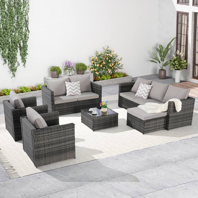 Large Modular Sectional Couch Wicker Rattan Conversation Set All Weather Recliner Couches with Glass Table and Pillows, 6 Piece