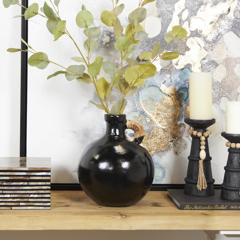 Ceramic Jug Inspired Decorative Vase with Rattan Wrapped Handle - Black or White - Roche River Decor