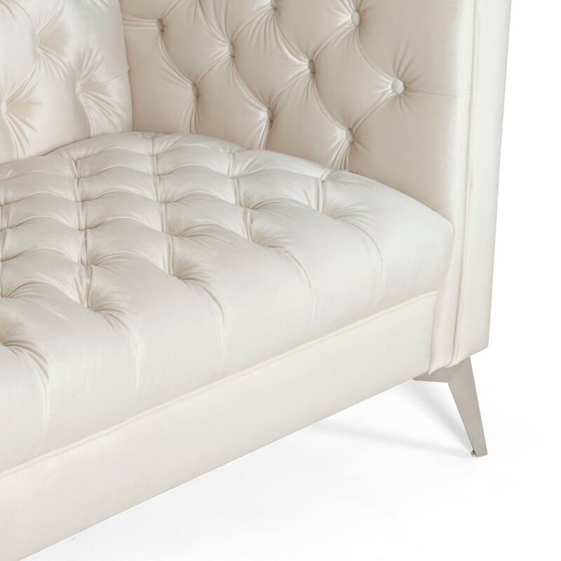 Beige Modern 86.75" Faux Leather Button Tufted 3-seater Sofa with Smooth T-shaped Iron Legs for Living Room