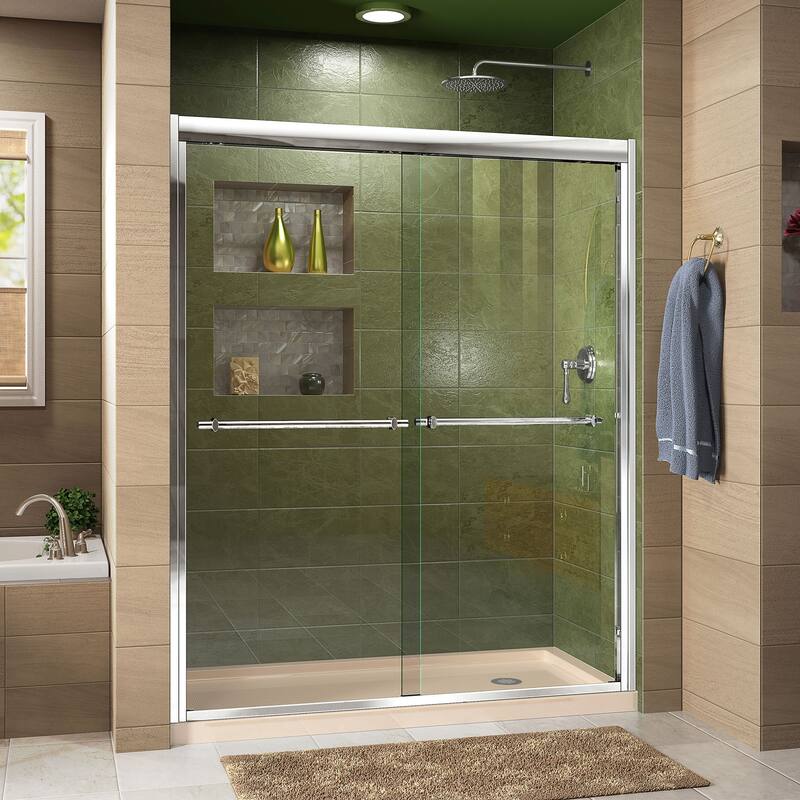 DreamLine Duet 32 in. D x 60 in. W x 74 3/4 in. H Bypass Sliding Shower Door and Shower Base Kit - 32" x 60" - Biscuit Base