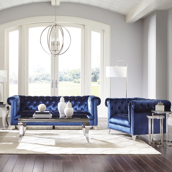 Modern Blue Velvet Tufted 2 piece Living Room Sofa and Chair Set