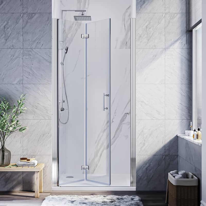 Elegant Bi-Fold Frameless Pivot Swing Shower Door Enclosure with Clear Glass Panel and Hardware Kit Reversible Installation