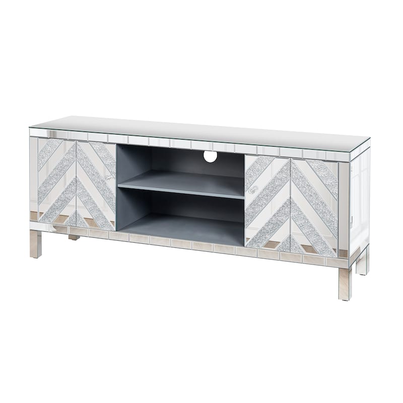 GDFStudio - Crystaluxe Antique Mirrored TV Stand with Sparkling Diamond Glass Doors for 65+ Inch TVs