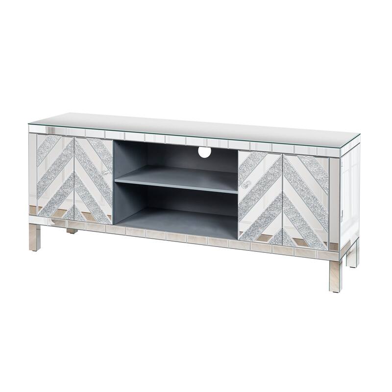 Modern Mirrored TV Stand, for 65+ Inch TVs with 2 Bookshelves and 2 Crystal Handle Cabinet Doors, for Living Rooms