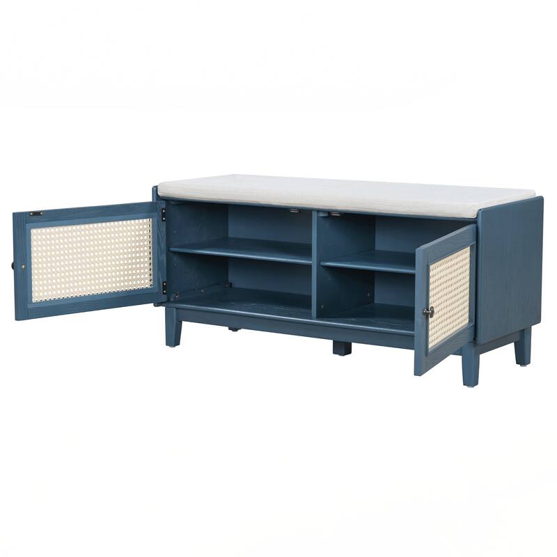 Rattan Entryway Bench with Storage, Cushioned Shoe Bench with Double Doors
