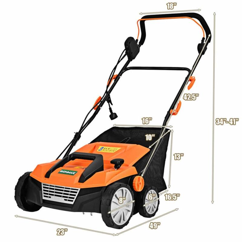 Corded Electric Scarifier Lawn Dethatcher 15-Inch Cutting Width 4-Height Adjustable 50L Grass Collector 13 Amp Motor Orange