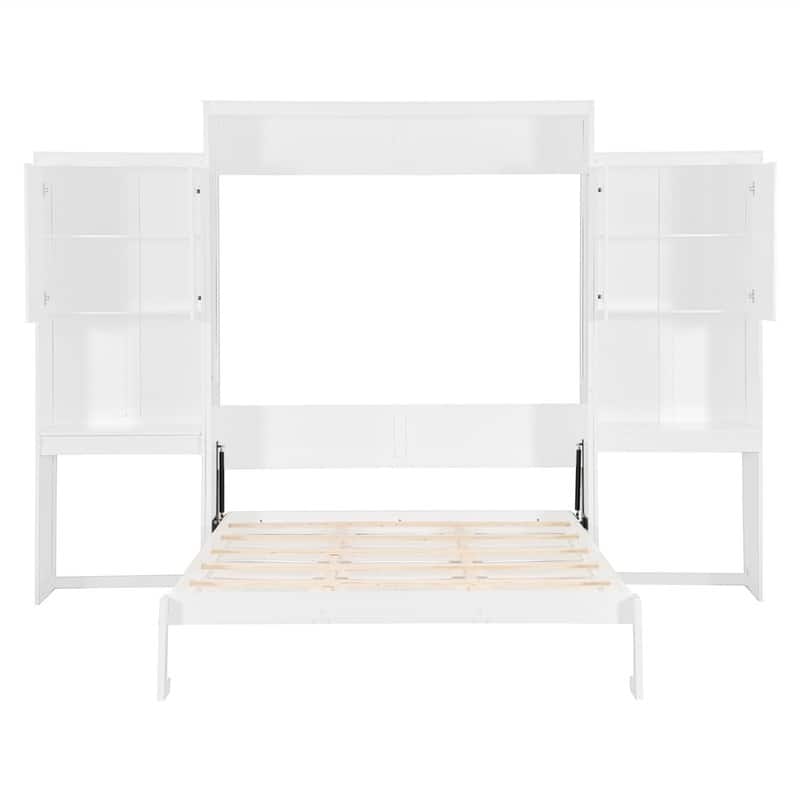Queen Size Murphy Bed Wall Bed with Desk, Mirror and Vanity, Wooden Foldable Murphy Cabinet Bed with Storage Cabinets