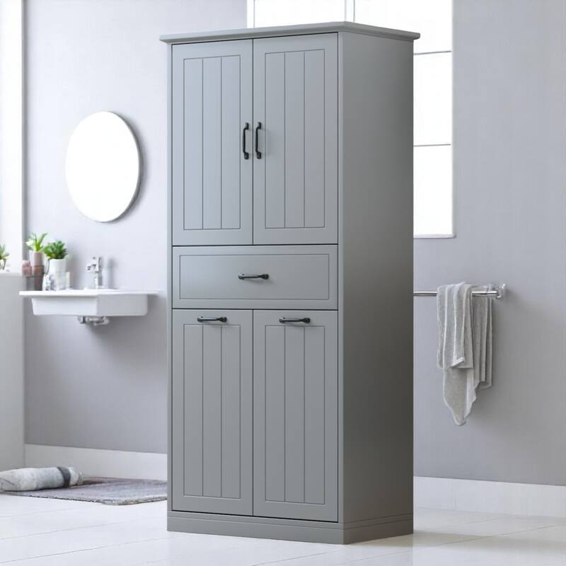 Freestanding Bathroom Cabinet with Laundry Hampers and Drawer, Tall Storage Unit with Adjustable Shelves and Doors - Grey