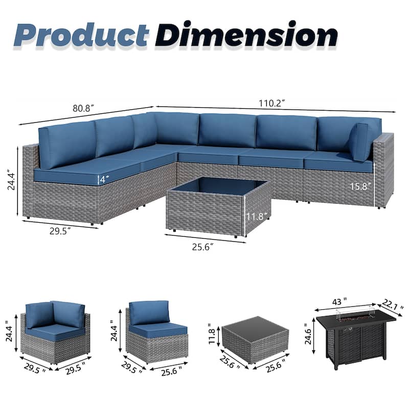 8-Piece Outdoor Patio Wicker Conversation Set with Fire Pit Table, Sectional Sofa & Cushions - N/A