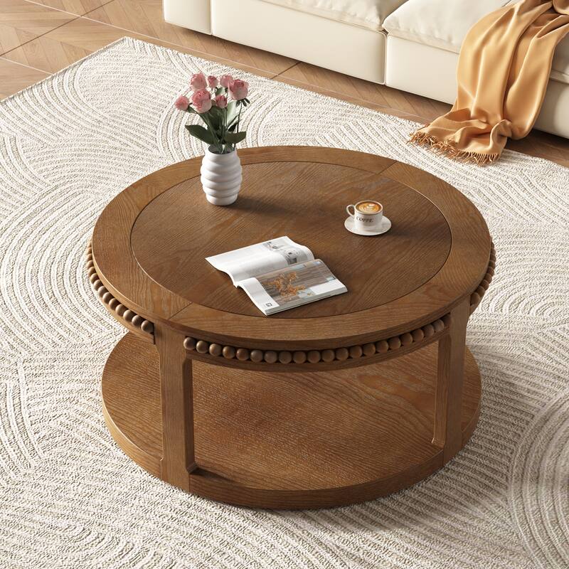 31.5 Inch Round Solid Wood Coffee Table for Living Room - Brown